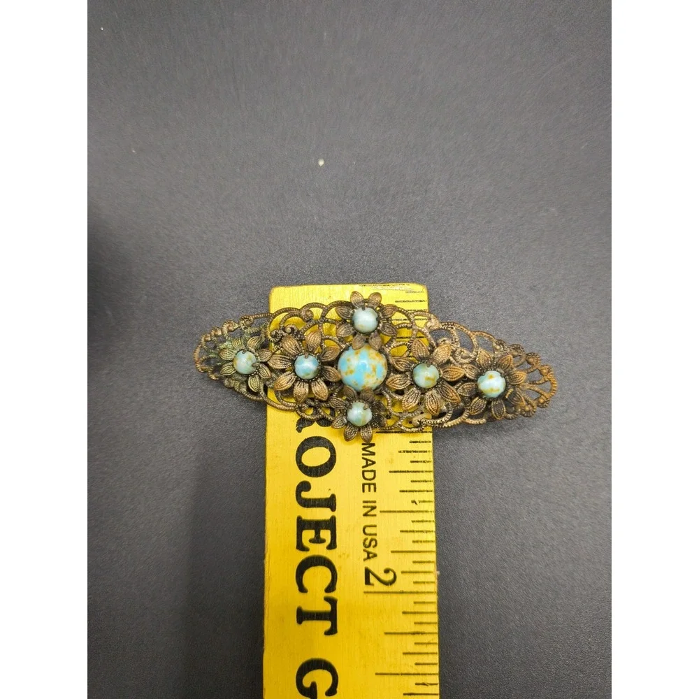 Vintage 1920-30s Czech Brass Filigree Brooch Pin Turquoise Glass Cabochons Art